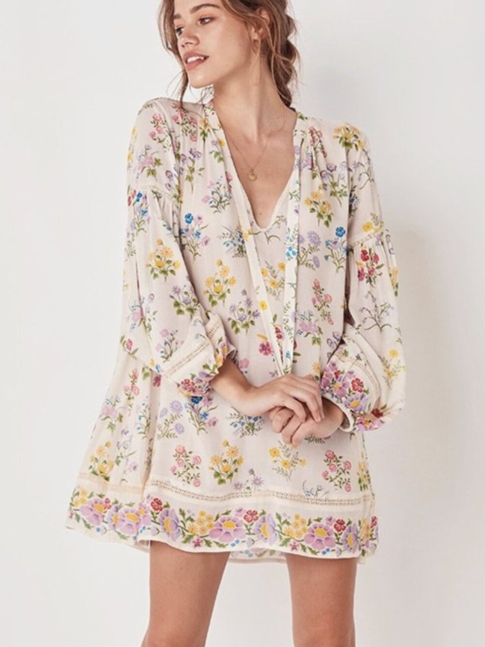 Spell & The Gypsy Posy Long Sleeve Mini Dress XS Gardenia Floral Boho